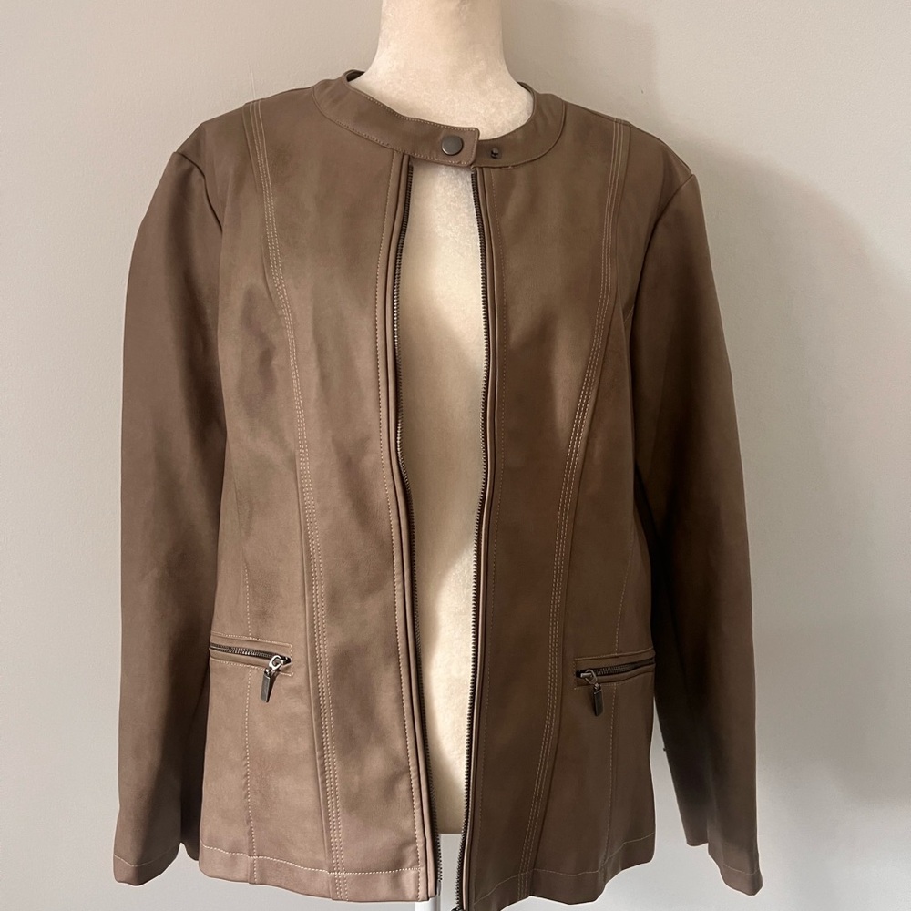 Sophisticated Brown faux Leather Jacket with Minimalist Design 2X